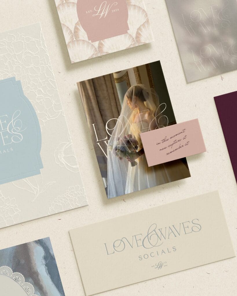 wedding brand design collateral for Love and Waves Socials including stationery, signage, and photography