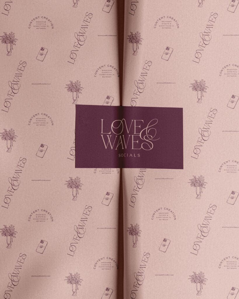 wedding brand design packaging for Love and Waves Socials with branded pattern and logo card