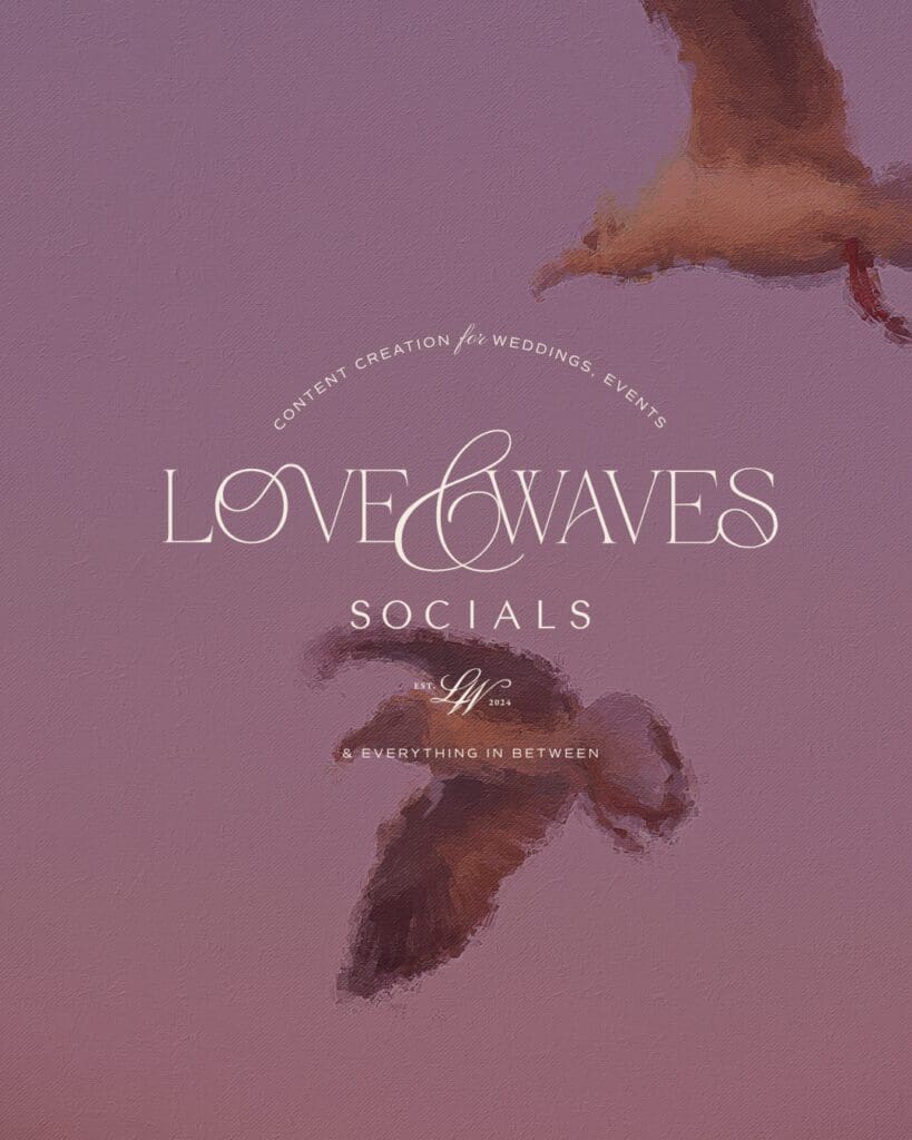 wedding brand design logo for Love and Waves Socials with editorial coastal imagery and soft purple tones